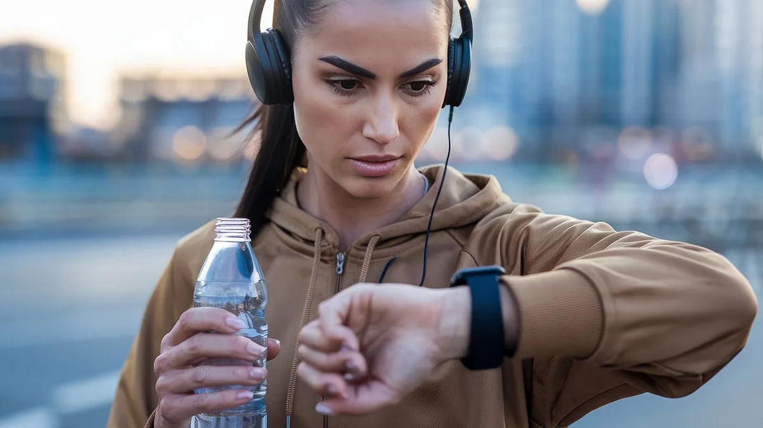 Athlete holding a water bottle and checking smartwatch before workout, representing precise timing for electrolyte hydration.