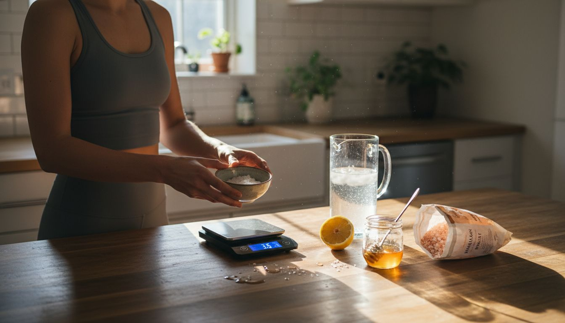 Person measuring salt for homemade electrolyte drink