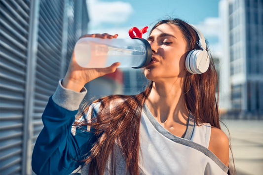 Woman drinking electrolyte water from bottle outdoors during workout