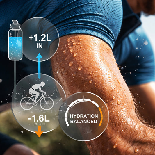 A photorealistic close‑up of sweat droplets on a cyclist’s skin, with a faint overlay of a water‑balance diagram. Alt: sweat loss and hydration tracking for cyclists