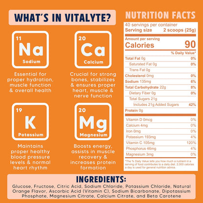 Vitalyte Electrolyte Powder Drink Mix, Isotonic Electrolyte Hydration Mix, Gluten Free Post Workout Powder Mix, Pack of 1, 35 oz., Orange Flavor